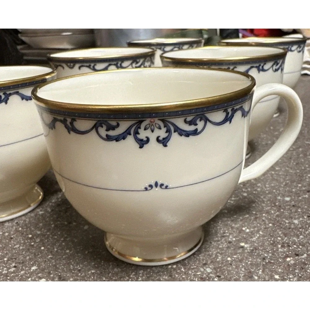 Lenox‎ Liberty Cups Set of 6 Ivory Blue Gold Trim Footed Tea Coffee USA